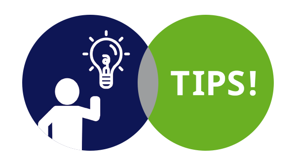 Overlappende donkerblauwe cirkel met persoon en icoon tips als lampje en groene cirkel met het woord TIPS erin met uitroepteken op transparante achtergrond - 600 * 337 pixels